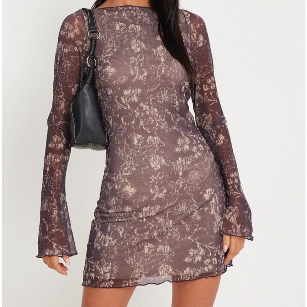 NEW Motel Sevilla Long Sleeve Mini Dress in Botanical Dark Brown Size S